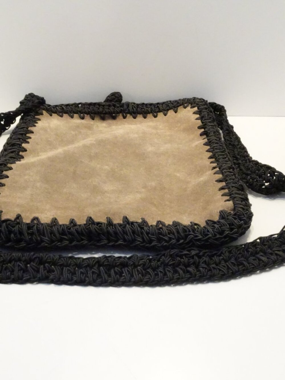 Y2K Carrie Forbes Black Crochet Tan Suede Woven Crossbody Bag Italian Luxury - Picture 4 of 6